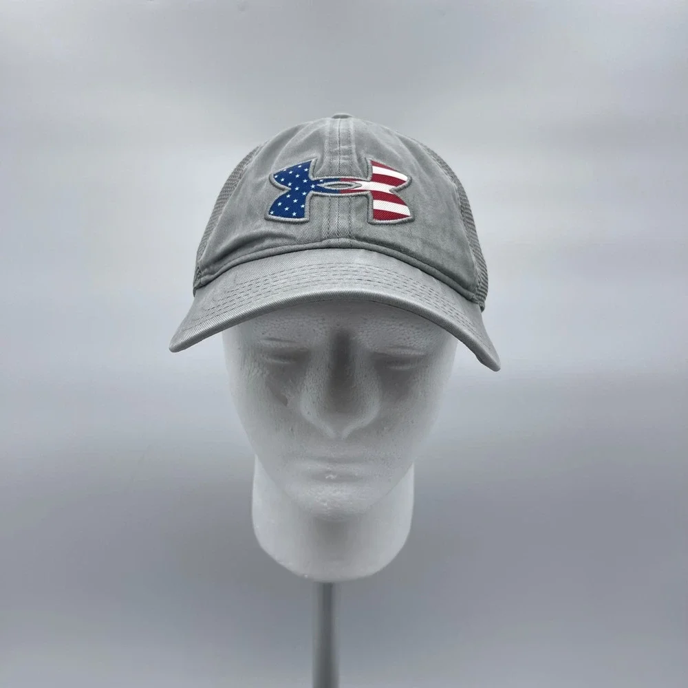 Under Armour 1254276 Mens OSFA Grey Trucker Hat American Flag Logo Snapback Cap